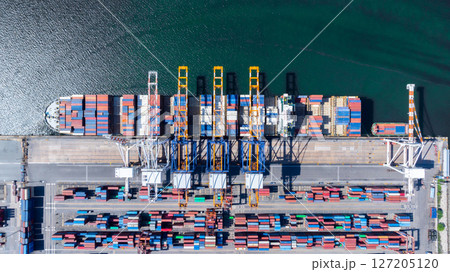 Aerial view cargo container ship global business maritime logistic, Cargo container ship freight shipping international supply chain, Sea freight industrial import export logistic transport industry. 127205120
