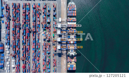 Aerial view cargo container ship global business maritime logistic, Cargo container ship freight shipping international supply chain, Sea freight industrial import export logistic transport industry. Aerial view cargo container ship global business maritime logistic, Cargo container ship freight shipping international supply chain, Sea freight industrial import export logistic transport industry. 127205121