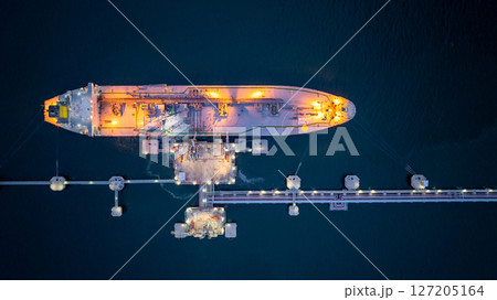 Aerial view LPG gas tanker ship at oil and gas terminal platform, Liquefied Petroleum Gas tanker ship industrial offshore oil gas terminal tanker ship LPG tanker ship loading arm loading and unloading 127205164