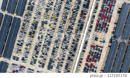 Aerial top view of car park with solar panel photovoltaic, Solar panel photovoltaic installation on roof of car parking lot, Alternative electricity source sustainable resources. Aerial top view of car park with solar panel photovoltaic, Solar panel photovoltaic installation on roof of car parking lot, Alternative electricity source sustainable resources. 127205170