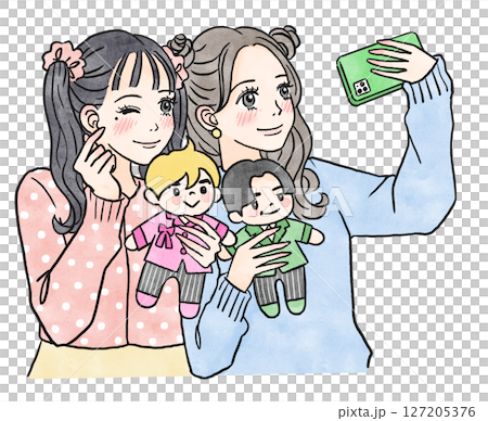 一位女士與她最喜歡的毛絨玩具合影的插圖 127205376