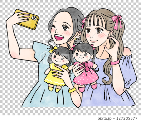 一位女士與她最喜歡的毛絨玩具合影的插圖 127205377