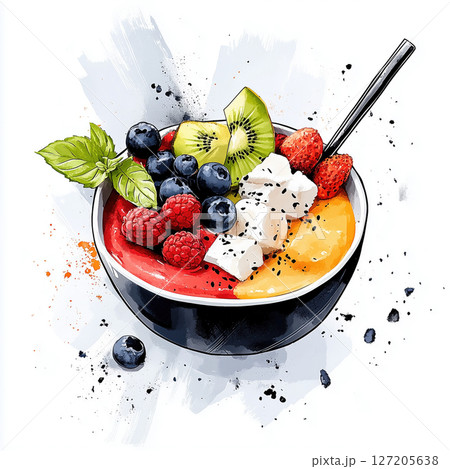 Colorful smoothie bowl topped with fresh fruits and mint leaves 127205638