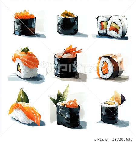 Colorful sushi assortment displayed on a white background 127205639