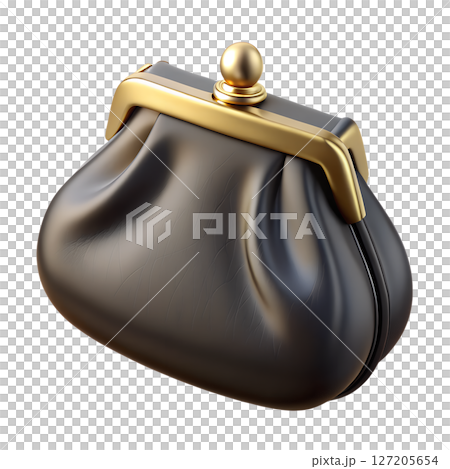 3d cartoon elegant black leather coin purse with gold clasp on transparent background, vintage money bag 127205654