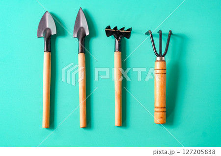 Gardening tools on a color background. Top view, Gardening tools on a color background. Top view, 127205838