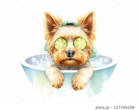 A charming Yorkshire Terrier hides in a bathtub filled with fluffy bubbles, with only its adorable ears peeking out from under a towel. 127206206