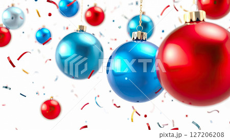 A collection of vibrant Christmas ornaments in red, blue, purple, and silver, suspended from strings with confetti floating around. The festive scene captures holiday cheer and seasonal joy, 127206208