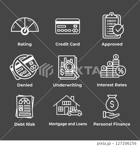 Credit Score and Loans Icon Set with Approved Credit Underwriting Interest Rates Debt Mortgage Refinance 127206256