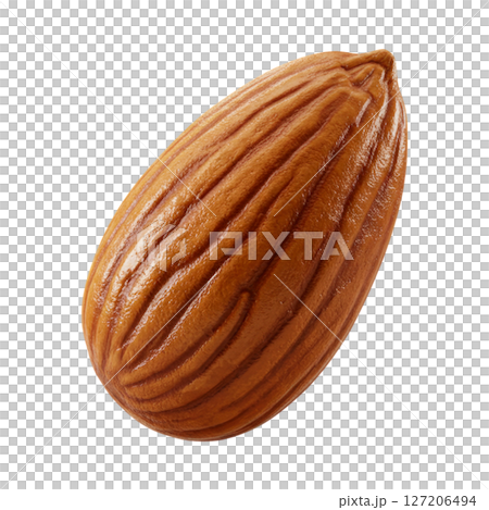 Detailed 3d almond nut with brown textured surface isolated on transparent background 127206494