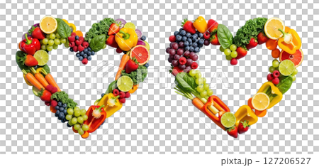 Vibrant heart shapes made of fresh fruits and vegetables for healthy living 127206527