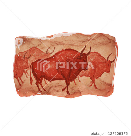 Prehistoric 3d cave art illustration of red bison on textured surface isolated on transparent background 127206576