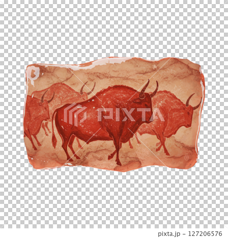 Prehistoric 3d cave art illustration of red bison on textured surface isolated on transparent background 127206576