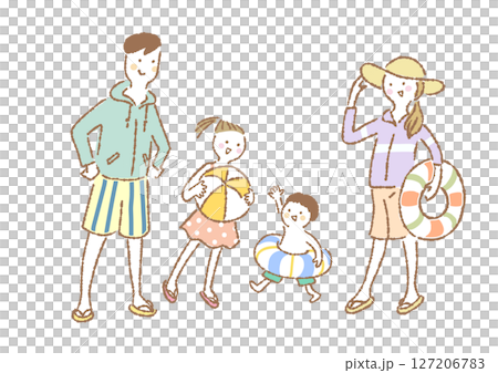 海水浴やプールを楽しむ水着姿の家族4人のイラスト 海水浴やプールを楽しむ水着姿の家族4人のイラスト 127206783