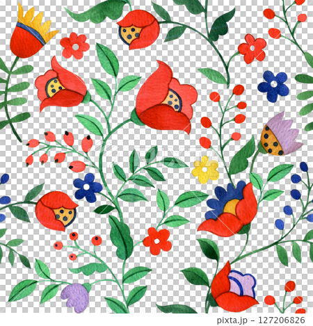 Seamless pattern of abstract fantasy flowers in folk style. Watercolor illustration 127206826