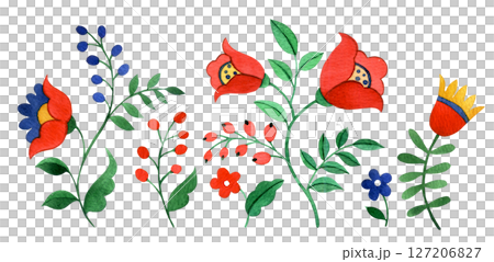 set of abstract fantasy flowers, berries and leaves in folk style. watercolor illustration 127206827