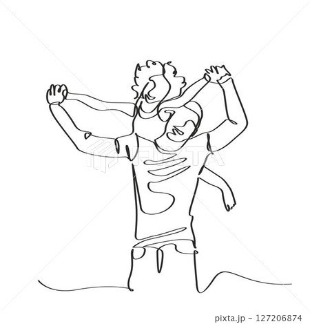 drawing outline art of a father carrying a child on his shoulders, world father's day concept with line art 127206874