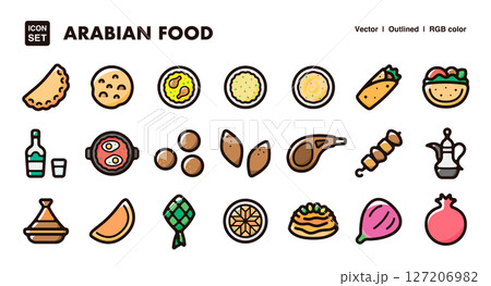 アラブ料理のイラストアイコンセット アラブ圏、中東の食べ物のベクター素材 アラブ料理のイラストアイコンセット アラブ圏、中東の食べ物のベクター素材 127206982