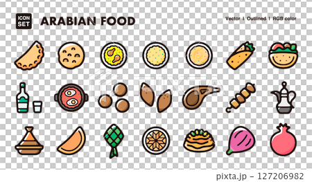 アラブ料理のイラストアイコンセット アラブ圏、中東の食べ物のベクター素材 アラブ料理のイラストアイコンセット アラブ圏、中東の食べ物のベクター素材 127206982