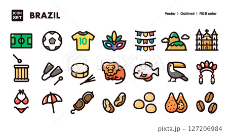 ブラジルのイラストアイコンセット　文化、自然、カーニバルのベクター素材 127206984