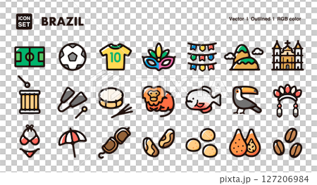 ブラジルのイラストアイコンセット　文化、自然、カーニバルのベクター素材 127206984