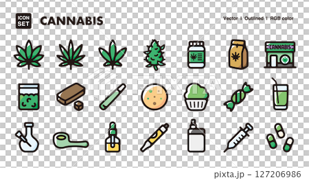 Cannabis, marijuana product icon illustration set. Goods, food, CBD related vector material Cannabis, marijuana product icon illustration set. Goods, food, CBD related vector material 127206986