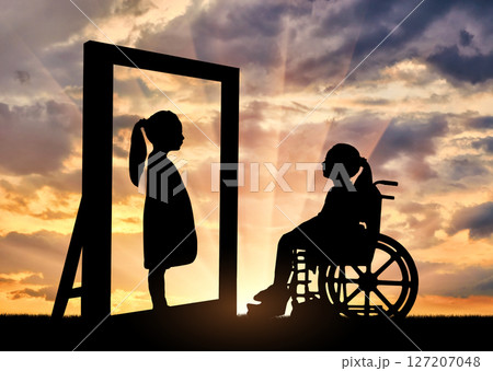 A disabled girl and her healthy reflection in the mirror 127207048