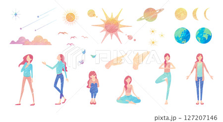 スピリチュアルで宇宙的なモチーフのベクターイラストセット　水彩絵の具またはクレヨンの手描き風 127207146