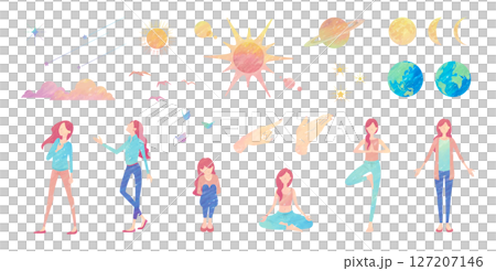 スピリチュアルで宇宙的なモチーフのベクターイラストセット　水彩絵の具またはクレヨンの手描き風 127207146
