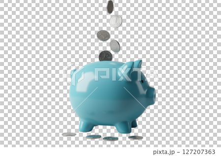 Coins falling into a blue piggy bank isolated on transparent background 127207363