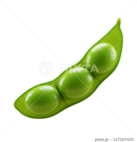 3D illustration of an open green edamame pod with three shiny beans inside isolated on transparent background 127207420
