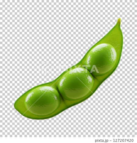 3D illustration of an open green edamame pod with three shiny beans inside isolated on transparent background 127207420