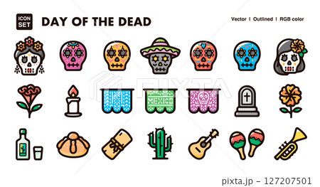 メキシコの死者の日イラストアイコンセット メキシコの伝統文化と祭礼のベクター素材 メキシコの死者の日イラストアイコンセット メキシコの伝統文化と祭礼のベクター素材 127207501