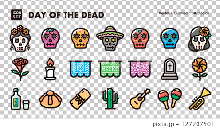 メキシコの死者の日イラストアイコンセット メキシコの伝統文化と祭礼のベクター素材 メキシコの死者の日イラストアイコンセット メキシコの伝統文化と祭礼のベクター素材 127207501