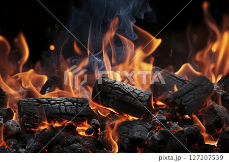 Charcoal for Barbecue Background With Flames. Generative Ai Charcoal for Barbecue Background With Flames. Generative Ai 127207539
