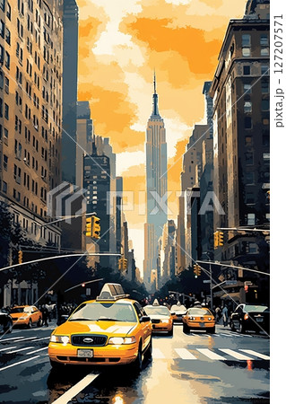 Yellow cab in downtown Manhattan in New York City. Illustrated poster design. Generative Ai Yellow cab in downtown Manhattan in New York City. Illustrated poster design. Generative Ai 127207571