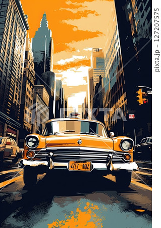 Vintage car in the street of New York city. Poster design. Generative Ai 127207575