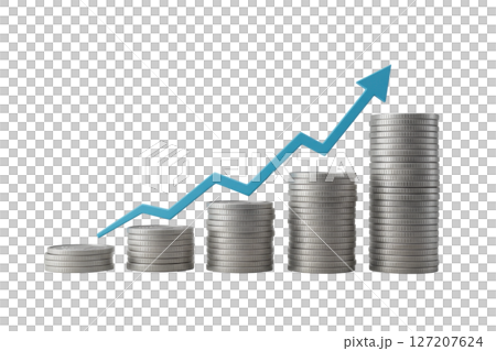 Financial growth concept with coin stacks and upward trending arrow graph 127207624