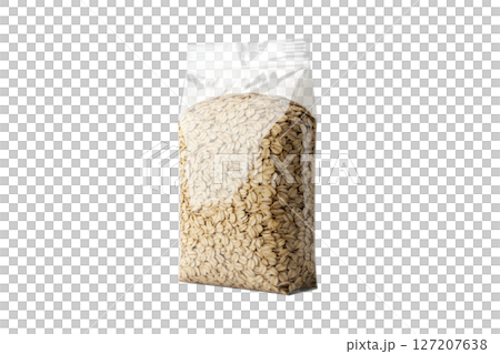 Clear plastic bag filled with dry rolled oats for healthy breakfast cereal Clear plastic bag filled with dry rolled oats for healthy breakfast cereal 127207638