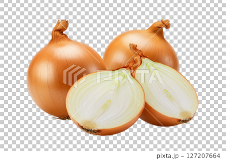 Whole and cut brown onions fresh vegetable ingredient isolated on transparent background Whole and cut brown onions fresh vegetable ingredient isolated on transparent background 127207664