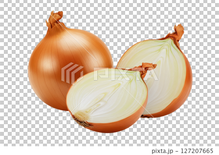 Whole and cut brown onions isolated on transparent background Whole and cut brown onions isolated on transparent background 127207665