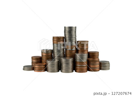 Stacks of coins symbolizing financial growth and investment on transparent background 127207674