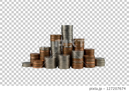 Stacks of coins symbolizing financial growth and investment on transparent background 127207674