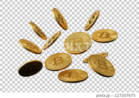 Falling golden bitcoin cryptocurrency coins representing digital finance and investment 127207675