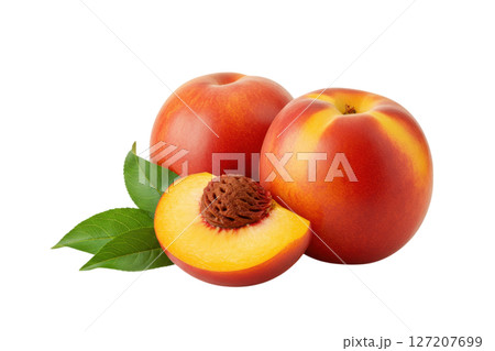 Fresh nectarines with a slice showing the pit and green leaves Fresh nectarines with a slice showing the pit and green leaves 127207699