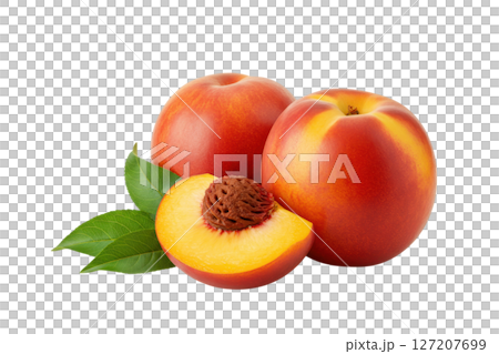 Fresh nectarines with a slice showing the pit and green leaves Fresh nectarines with a slice showing the pit and green leaves 127207699