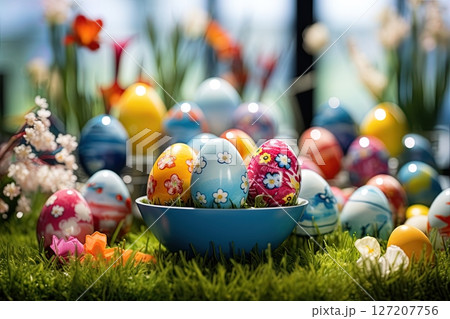 Easter eggs on green grass at sunny day. Ai Generative 127207756