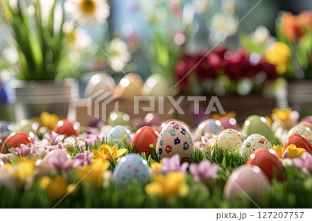 Easter eggs on green grass at sunny day. Ai Generative 127207757