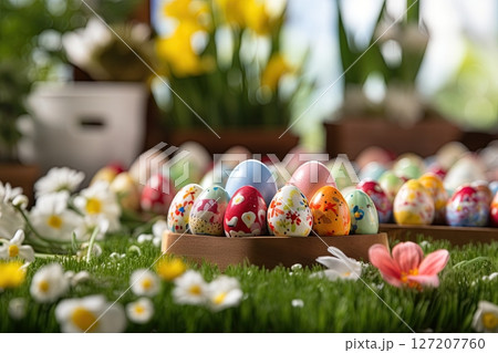 Easter eggs on green grass at sunny day. Ai Generative 127207760