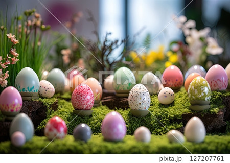 Easter eggs on green grass at sunny day. Ai Generative 127207761